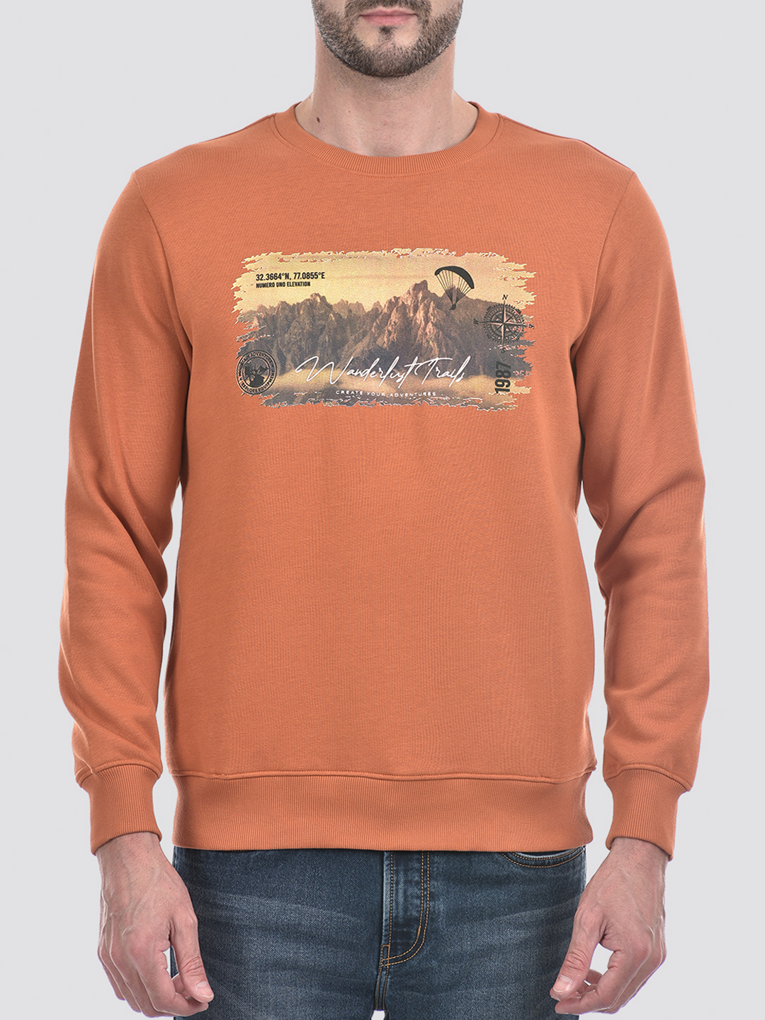 Numero Uno Men Orange Printed Round Neck Brushed Fleece Sweatshirt